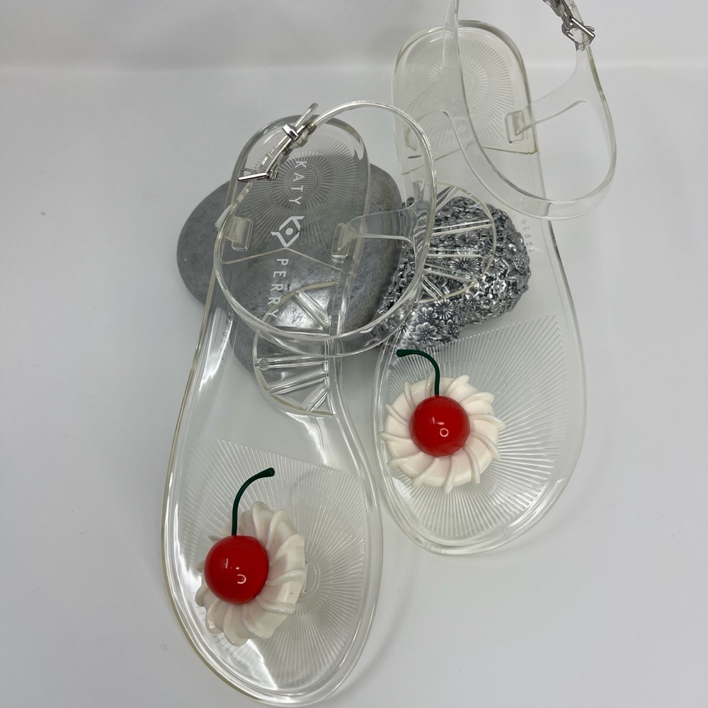 Katy Perry Collections Clear Jelly Sandals with Red Cherry and White Flower - Picture 6 of 16